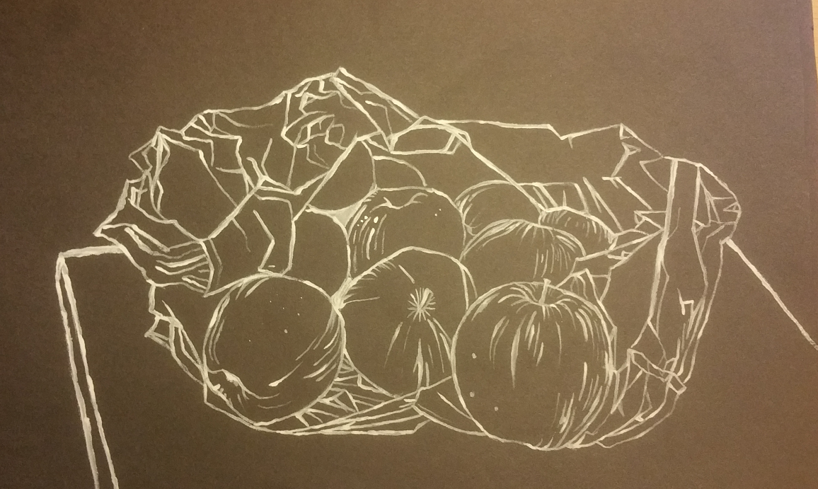 line drawing apples in carrier bag
