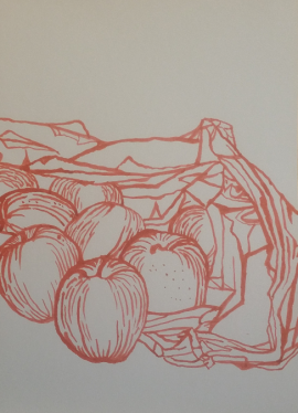 red felt tip on white paper line drawing fruit and bag